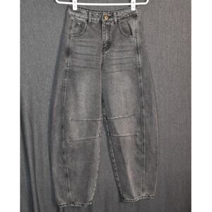 Hungson Women's 2 Barrel Leg Tapered Jeans High Rise Black Denim Distressed